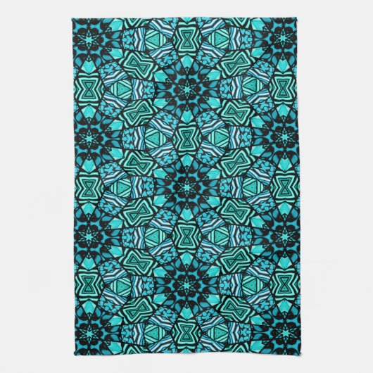 美しいティール（緑がかった色）アクアターコイズエスニックモザイクアート キッチンタオル (縦)
