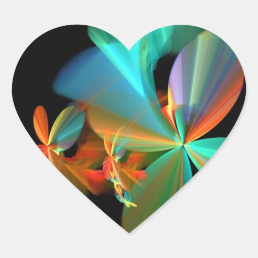 美しいティール(緑がかった色)&オレンジフラクタルアートフラワー花びら ハートシール (正面)