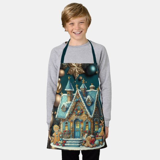 美しいティール（緑がかった色）ジンジャーブレッドハウスティール（緑がかった色）装飾 エプロン (着用した状態)