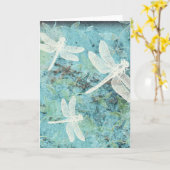 美しいティール(緑がかった色)トンボの花 カード (黄色い花)