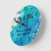 美しいティール（緑がかった色）ブルーウォーターカラーパーソナライズされたカスタム ラウンド壁時計 (傾斜)