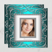 美しいティール（緑がかった色）ブルーフォトキンセアニェラ 招待状 (正面/裏面)