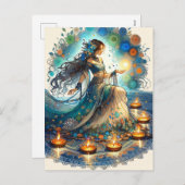 美しいディワリの女性とランゴリ シーズンポストカード (正面/裏面)