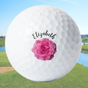 美しいディープピンクのローズの花のカスタムネームレディース ゴルフボール