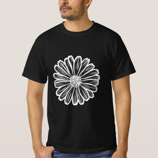 美しいデイジーの花、ハーフトーンイラスト Tシャツ (正面)