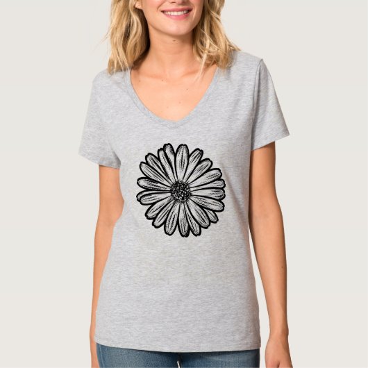 美しいデイジーの花、ハーフトーンイラスト Tシャツ (正面)