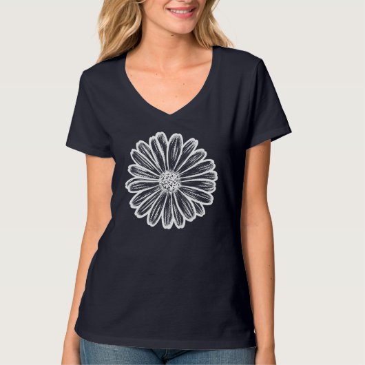 美しいデイジーの花、ハーフトーンイラスト Tシャツ (正面)