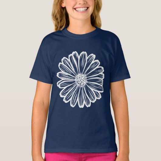 美しいデイジーの花、ハーフトーンイラスト Tシャツ (正面)