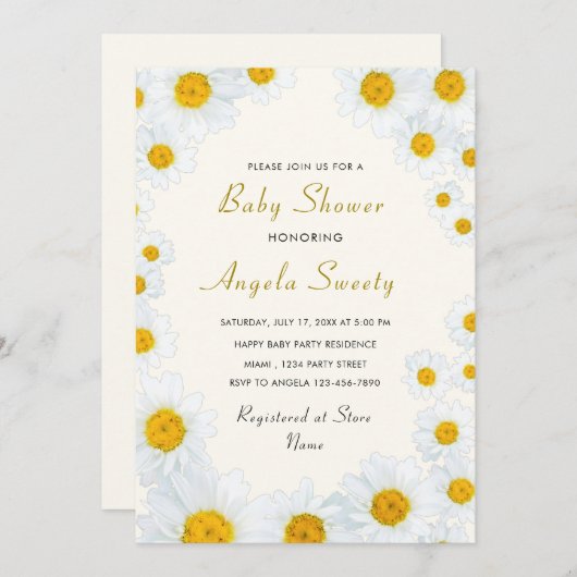 美しいデイジーフラワーベビーシャワー招待状 (正面/裏面)