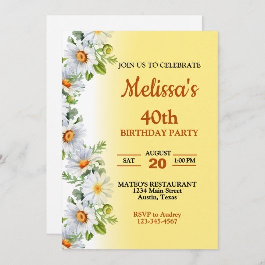 美しいデイジー誕生日パーティーへの招待 招待状 (正面/裏面)
