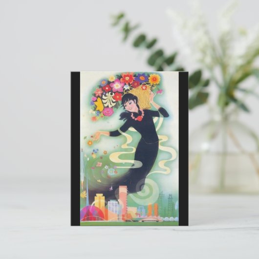 美しいデコアジアの女性と渦巻き花 ポストカード (スタンド正面)