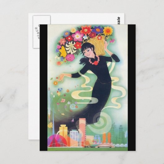 美しいデコアジアの女性と渦巻き花 ポストカード (正面/裏面)