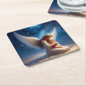 美しいデジタ絵を描ルの天使がベビーを持つ スクエアペーパーコースター (アングル)