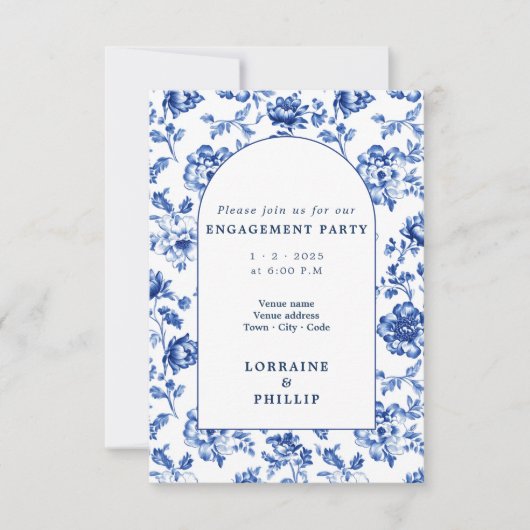 美しいデルフトウェアアーチフローラ婚約パーティ 招待状 (正面)