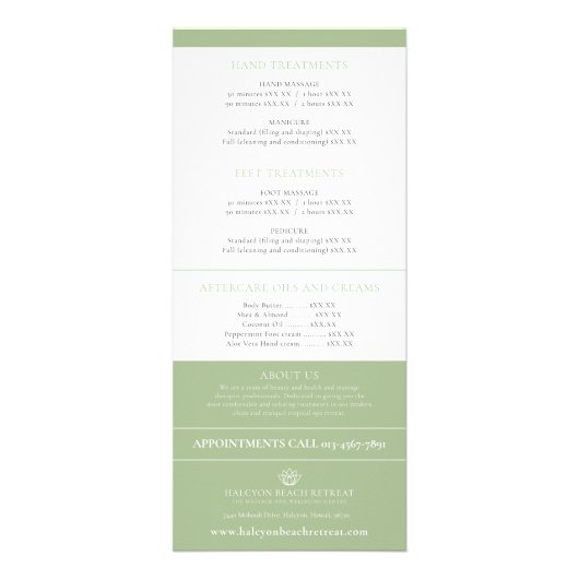 美しいトリートメント価格リストメニューlotus greenロゴ ラックカード (裏面)