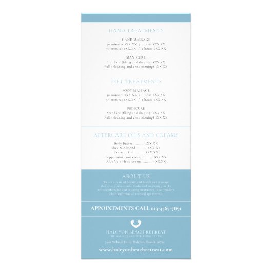 美しいトリートメント価格表ティール（緑がかった色）マッサージロゴ ラックカード (裏面)