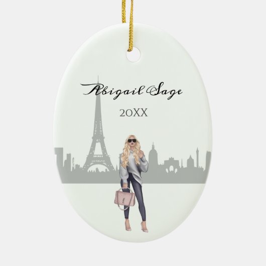 美しいトレンディーガールインパリクリスマス セラミックオーナメント (裏面)