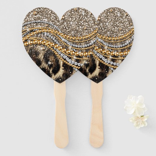 美しいトレンディーヒョウフェイクアニマルプリント ハンドファン (正面&裏面)