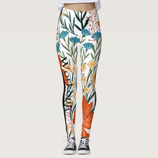 美しいトレーニング文字lかわいいフローラホワイトオレンジ レギンス (正面)