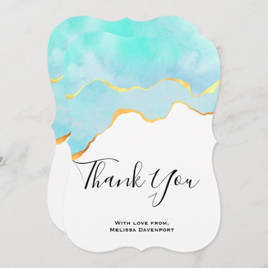 美しいトロピカルグリーンと縁ど金ゴールド感謝していユ サンキューカード (正面/裏面)