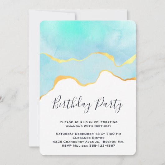 美しいトロピカルグリーンと金ゴールド縁ど誕生日 招待状 (正面)