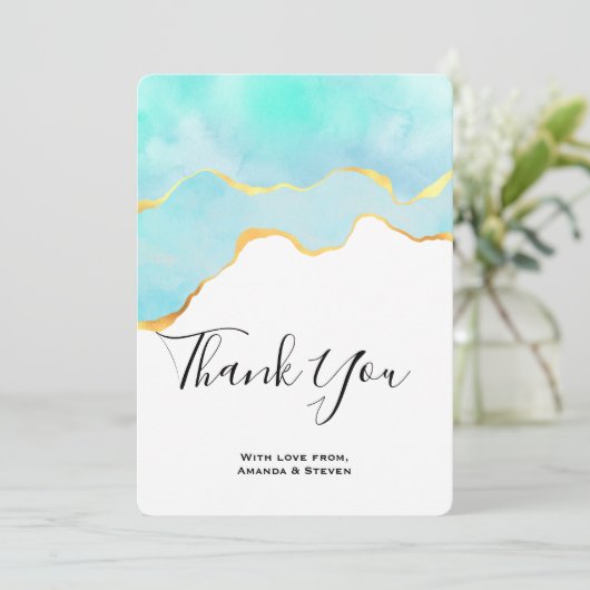 美しいトロピカルグリーンと金ゴールド縁ど サンキューカード (スタンド正面)