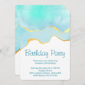 美しいトロピカルグリーンにゴールドの縁取りの誕生日 招待状 (正面/裏面)