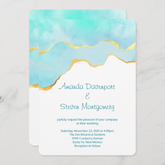 美しいトロピカルグリーン(金ゴールド縁ど結婚) 招待状 (正面/裏面)