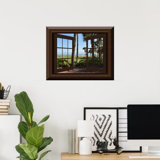 美しいトロピカルパームツリーズビーチフェイクウィンドウ ポスター (ホームオフィス)