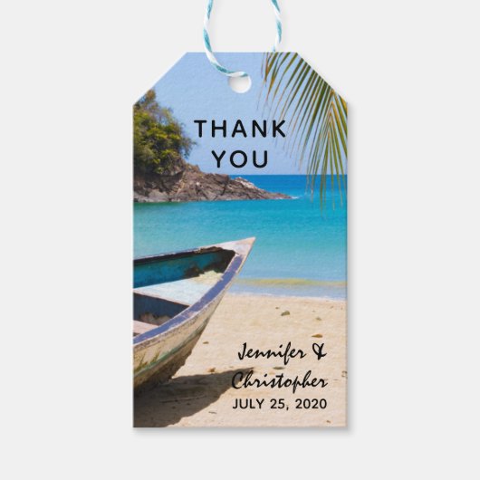 美しいトロピカルビーチとローボートサンキュー ギフトタグ (正面)