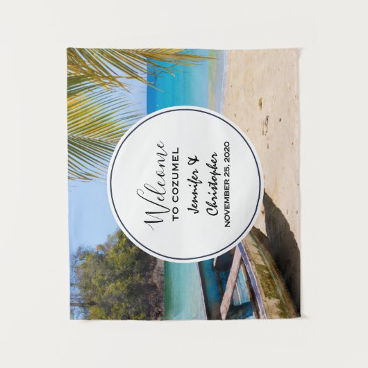 美しいトロピカルビーチウェディングウェルカム タペストリー (正面)