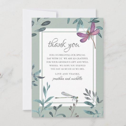 美しいトンボとガーデン結婚グリーンズ サンキューカード (正面)