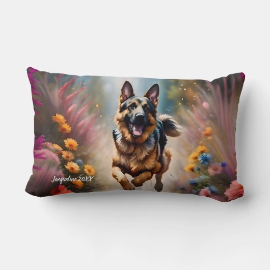 美しいドイツの羊飼いの犬と花 ランバークッション (裏面)