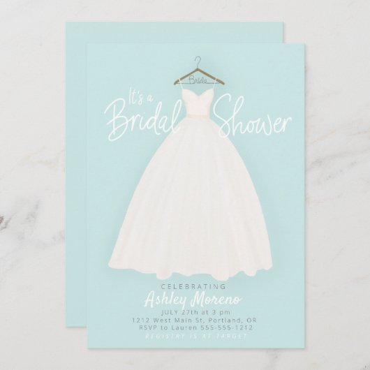 美しいドレスブライダル/ウェディングシャワーライトブルー 招待状 (正面/裏面)