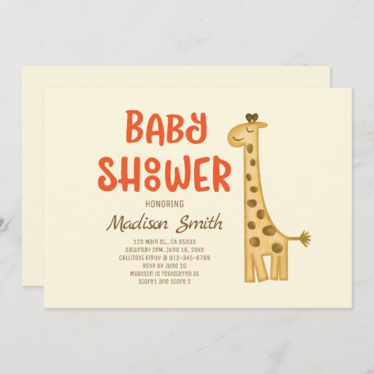 美しいドードル水彩キリンベビーシャワー 招待状 (正面/裏面)