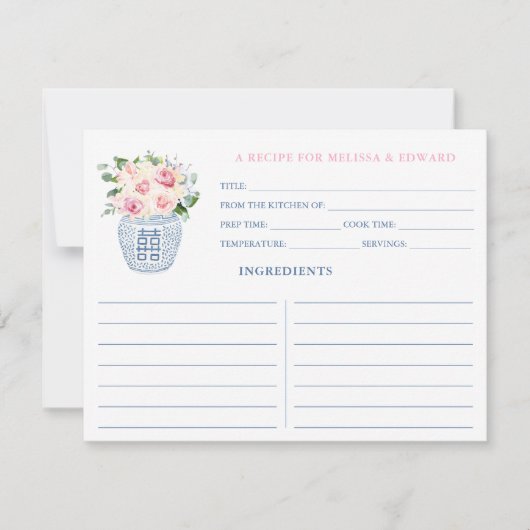 美しいネイビーとピンクの花嫁と新郎のレシピカード 招待状 (正面)