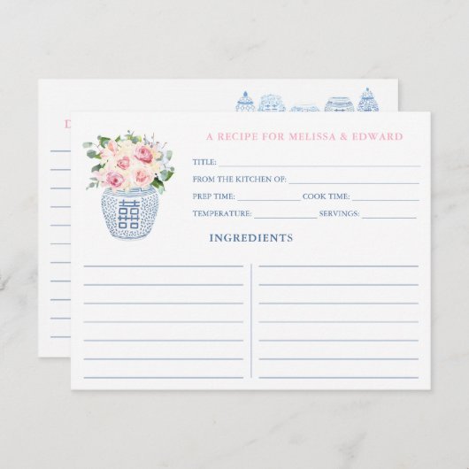 美しいネイビーとピンクの花嫁と新郎のレシピカード 招待状 (正面/裏面)