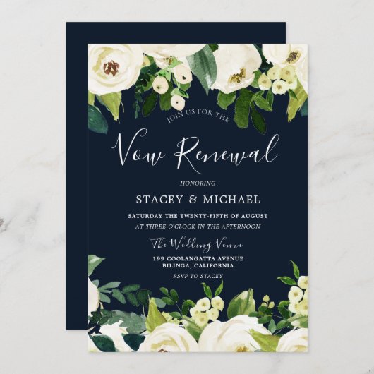 美しいネイビーと白の花 春の誓いの更新 招待状 (正面/裏面)