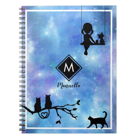 美しいネイビーブルーウォーター色銀河系ガールダイアリー ノートブック (正面)