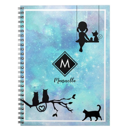 美しいネイビーブルーウォーター色銀河系ガールダイアリー ノートブック (正面)