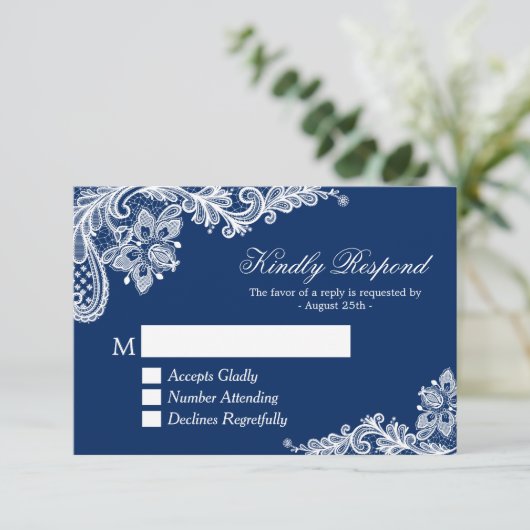 美しいネイビーブルーレース結婚式RSVP返信 出欠カード (スタンド正面)