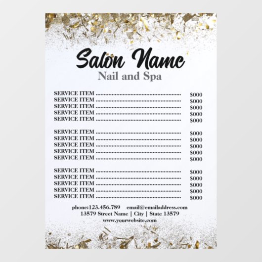 美しいネイルサロン価格表メニュー金ゴールド紙吹雪 ウィンドウサイン (シート)
