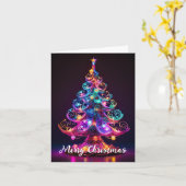 美しいネオンきらめくクリスマスツリーホリデー カード (黄色い花)