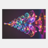 美しいネオンきらめくクリスマスツリーホリデー ラッピングペーパーシート (正面3)