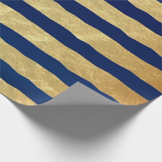 美しいネービーブルーと金箔のストライプ ラッピングペーパー (角)