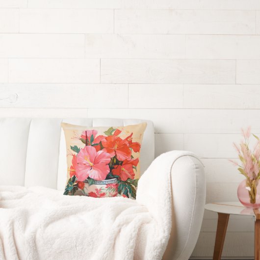 美しいハイビスカスの花，ピンク/赤， クッション (ソファ)