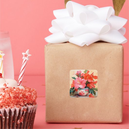 美しいハイビスカスの花，ピンク/赤， スクエアシール (パーティー)