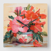 美しいハイビスカスの花,ピンク/赤, スクエア壁時計 (正面)