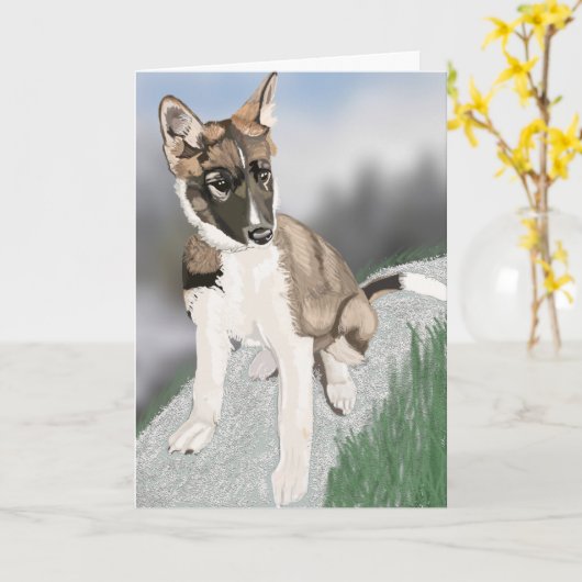 美しいハスキー子犬のブランクグリーティングカード カード (黄色い花)