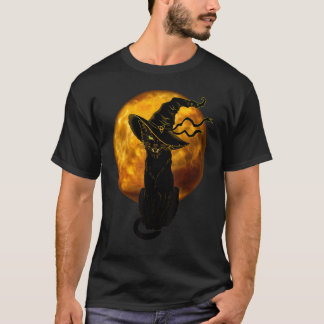 美しいハロウィン黒猫と魔女の帽子フル Tシャツ